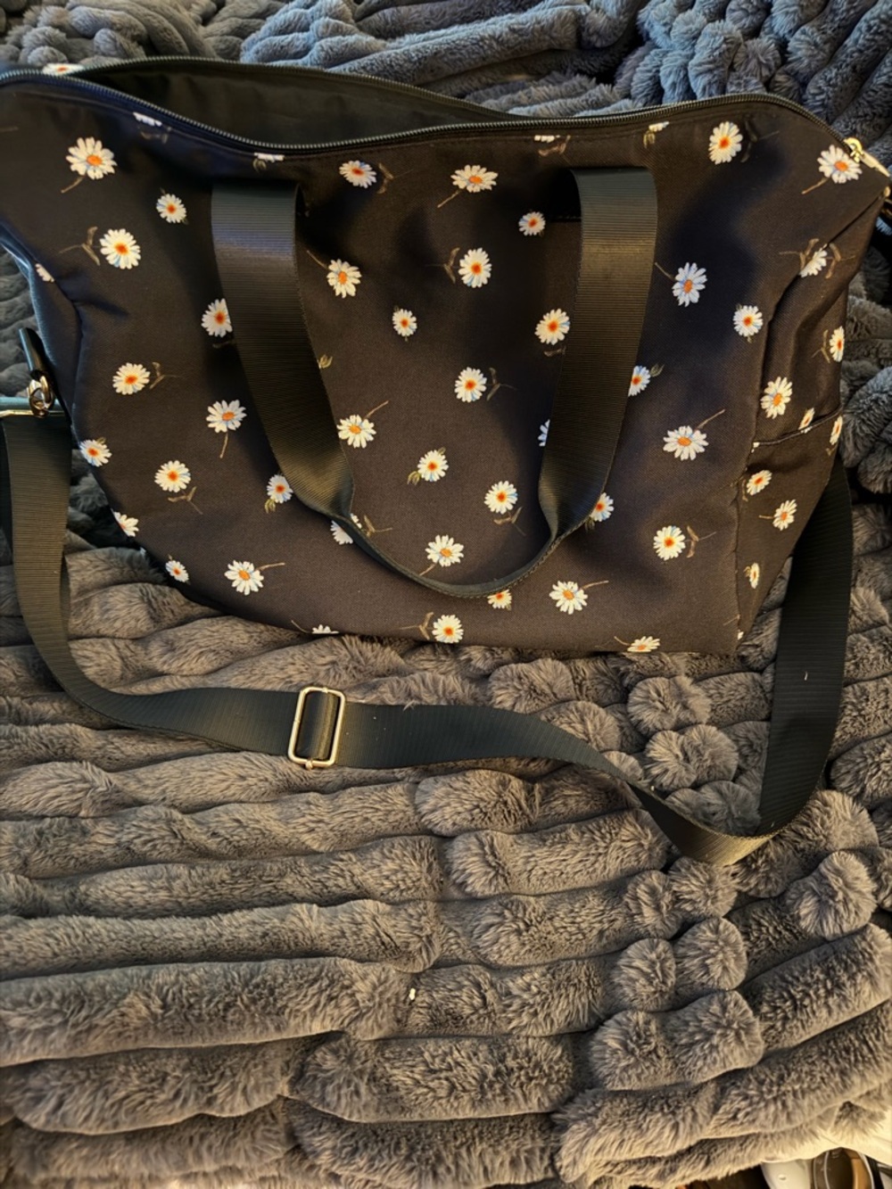 Alice + Olivia Large Black Daisy Print Tote Bag with Adjustable Strap